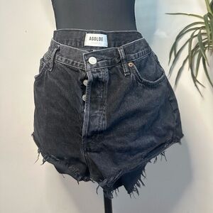 AGOLDE black denim distressed button up mini shorts 32